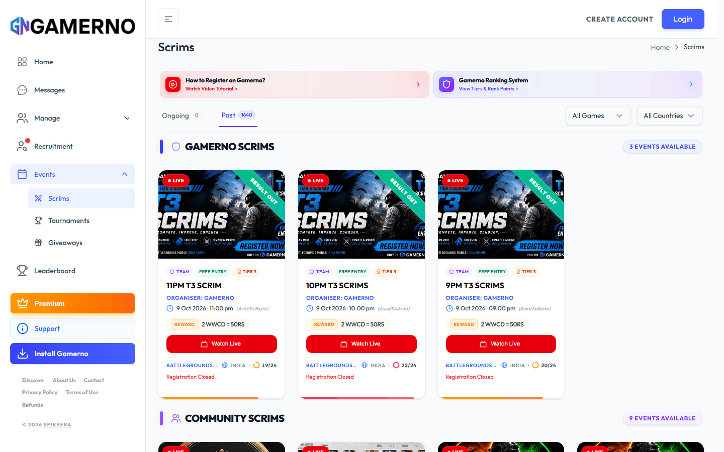 Gamerno Live Scrims Interface