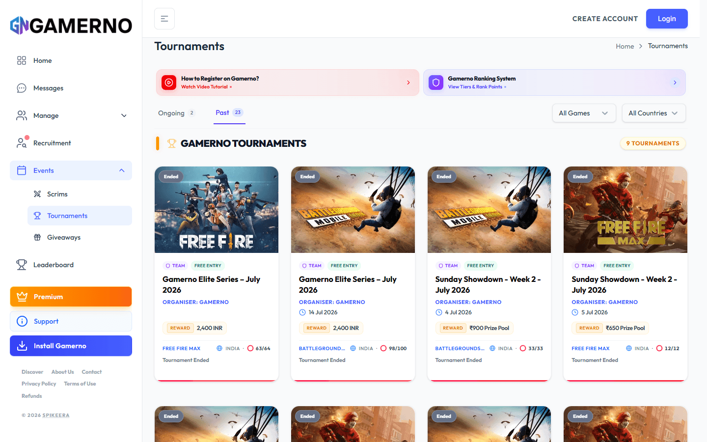 Gamerno Live Tournaments Interface